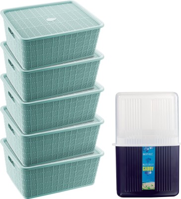 Selvel Polypropylene Storage Basket Combo with Lid, Cutlery Holder, Polypropylene( Green, Dark blue) Storage Basket(Pack of 5)