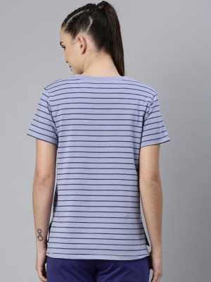 Enamor Striped Women Round Neck Blue T-Shirt