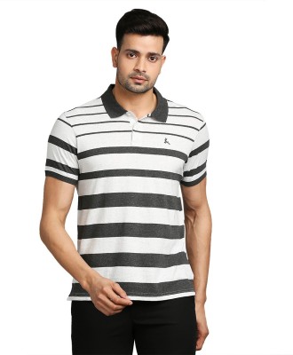 PARX Striped Men Polo Neck Grey T-Shirt