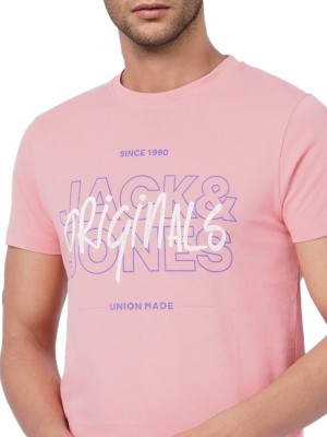 JACK & JONES Typography Men Round Neck Pink T-Shirt