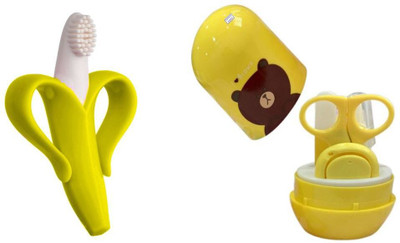TINNY TOTS Baby Banana Teething Silicone Toothbrush Teether Massager With Nail Kit Combo Teether and Feeder(Yellow)