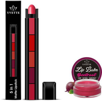 YVETTE 5 Matte Finish 5 in 1 Lipstick 7.5gm and Lip Balm Beetroot 10g(2 Items in the set)