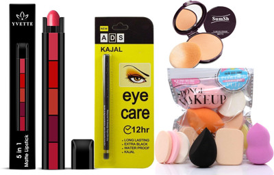 YVETTE 5 Matte Finish 5 in 1 Lipstick 7.5gm, Kajal, Compact Powder, Makeup Sponge Puff Pack(4 Items in the set)