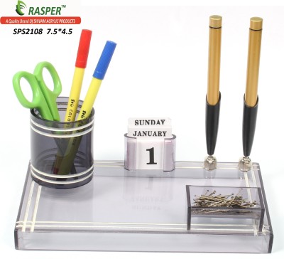 RASPER 3 Compartments Small Acrylic Table Top Pen Holder Multipurpose Stationery Desktop Organizer Pen Holder Office Pen Stand(Smoke-Black (Light & Dark))