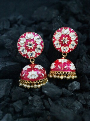 RUBANS Magenta & Gold-Toned Hand Painted Floral Jhumkas Alloy Jhumki Earring