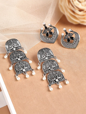 RUBANS Rubans Silver Plated Handcrafted Peacock Drop & Stud Set of 2 Earrings Brass Earring Set