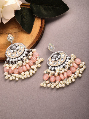 RUBANS Kundan Peach Enamel with Beads Silver Plated Hancrafted Chandbali Earrings Alloy Chandbali Earring