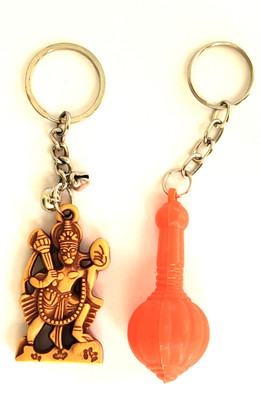 ShopTalk Wood finish Bajrang Bali With Orange Hanuman Gada Combo Key Chain