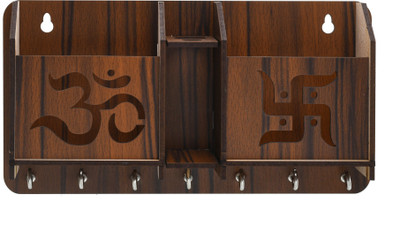 VZ Veera Enterprise OM swastik MDF 6 hooks with 2 mobile box with 2 pen stand wall mounted key holder Wood Key Holder(6 Hooks, Brown)