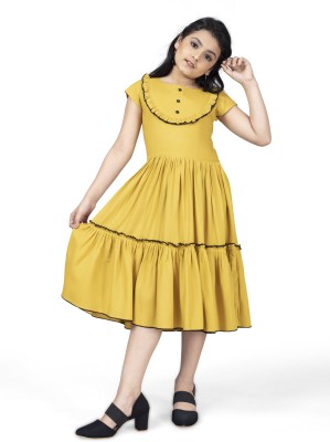Billion Girls Below Knee Casual Dress(Yellow, Cap Sleeve)