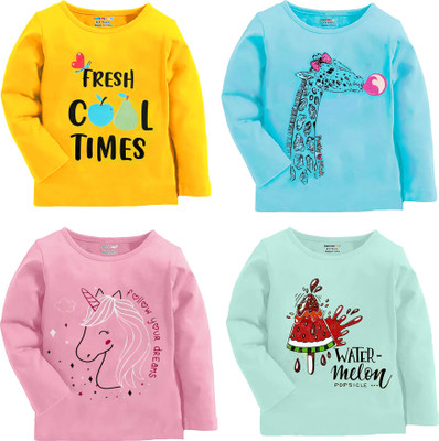 Kuchipoo Girls Printed Cotton Blend Regular T Shirt(Multicolor, Pack of 4)