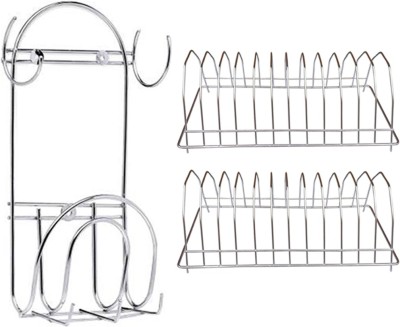 OC9 Utensil Kitchen Rack Steel Stainless Steel Chakla Belan Stand with hooks & (Pack of 2) Plate Stand