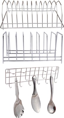 OC9 Utensil Kitchen Rack Steel Plate Stand / Dish Rack Steel (Pack of 2) & Wall Mounted Ladle Hook Rail