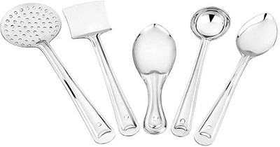 Tekzie Heavy Gauge of 5 / Karchchee/Chamcha/Palta/Rice Palta/Poori Karchchee Kitchen Tool Set(Cooking Spoon, Ladle, Skimmer, Spatula)