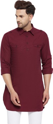 HYPERNATION Men Solid Pathani Kurta(Maroon)