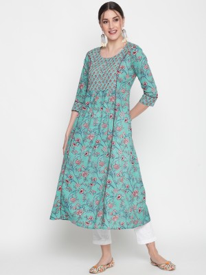 GLAM ROOTS Women Floral Print Flared Kurta(Green)