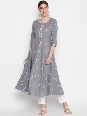 GLAM ROOTS Women Printed Flared Kurta(Grey)