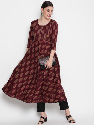 GLAM ROOTS Women Printed Flared Kurta(Maroon)