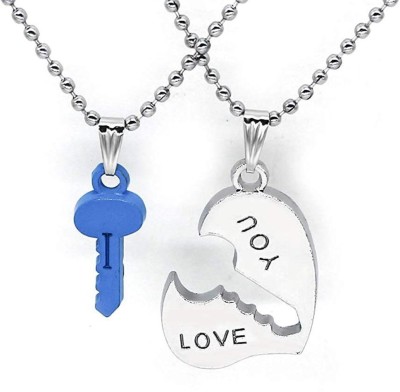 vien Heart & Key Shape Heart in Heart Couple 2 Pendant Chain Necklace Pcs Sterling Silver Stainless Steel Locket Set