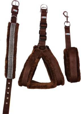 Petshop7 Nylon Brown 1.25 inch Fur harness, Collar & Leash (Chest Size : 29-35 inch)Large Dog Harness & Leash(Large, Brown)