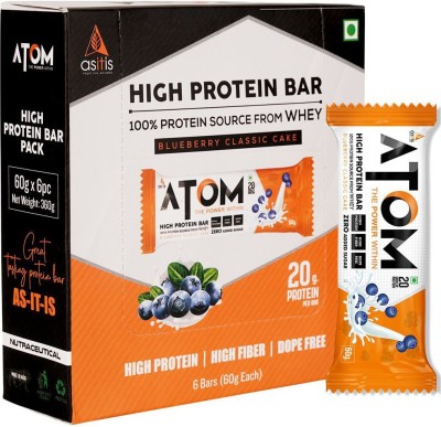AS-IT-IS Nutrition ATOM High Protein Bar | 20g Protein | Pack of 6 (60g x 6) | Protein Bars(360 g, Blueberry Classic Cake)