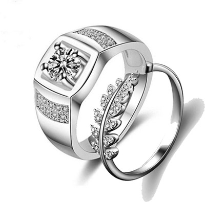 MYKI Endearing Pair Of Couples Love Ring For Couples Stainless Steel Cubic Zirconia Silver Plated Ring Set