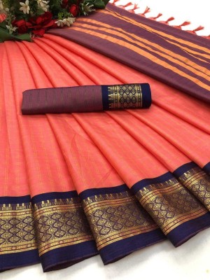 Bombey Velvat Fab Striped, Embroidered, Embellished, Animal Print, Applique, Dyed, Checkered, Solid/Plain Assam Silk Pure Silk, Cotton Silk Saree(Dark Blue, Orange)