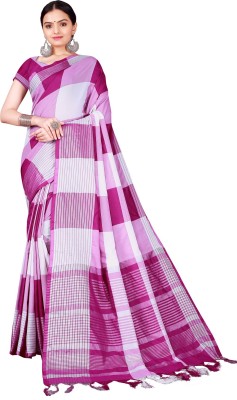 Saadhvi Checkered Bollywood Cotton Silk Saree(White, Pink)
