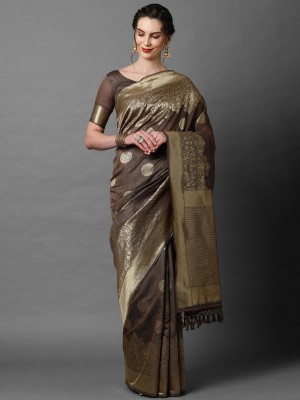 Ratnavati Floral Print Banarasi Cotton Blend Saree(Brown)