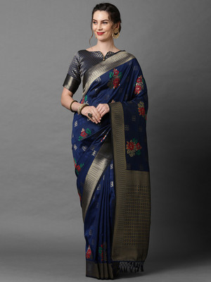 Ratnavati Floral Print Banarasi Silk Blend Saree(Dark Blue)
