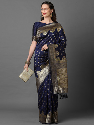 Ratnavati Floral Print Banarasi Silk Blend Saree(Dark Blue)