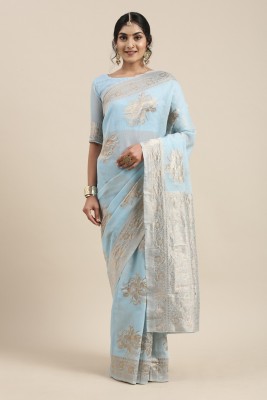 Ratnavati Woven, Embellished Banarasi Linen Saree(Light Blue)