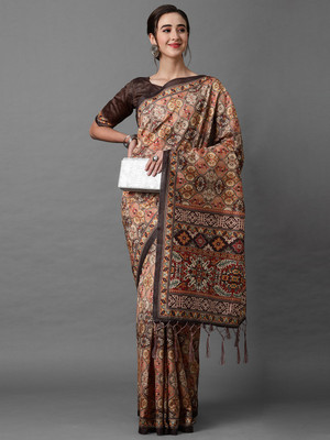 Ratnavati Geometric Print Bollywood Silk Blend Saree(Brown)