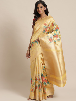 Ratnavati Floral Print Banarasi Silk Blend Saree(Yellow)