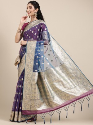 Ratnavati Floral Print Kanjivaram Organza Saree(Purple)