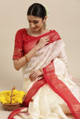 Ratnavati Floral Print Bollywood Silk Blend Saree(White)