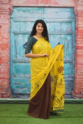 Kiaaron Hand Painted, Printed, Self Design, Blocked Printed Ikkat Pure Cotton Saree(Yellow)