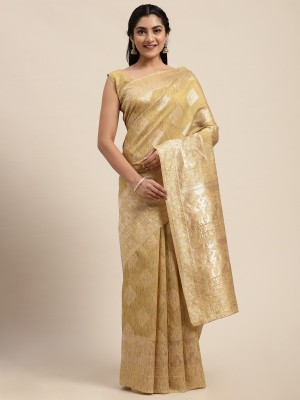 Ratnavati Geometric Print Banarasi Linen Saree(Mustard)