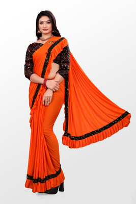 miracletex Self Design Bollywood Lycra Blend Saree(Orange)