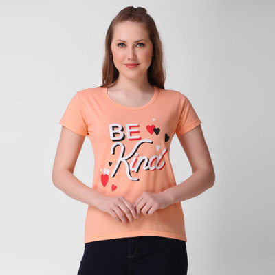 KLAXXY Typography Women Round Neck Orange T-Shirt