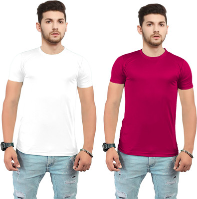 ELEMENTALIQ Solid Men Round Neck White, Maroon T-Shirt