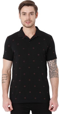 MUFTI Geometric Print Men Polo Neck Black T-Shirt