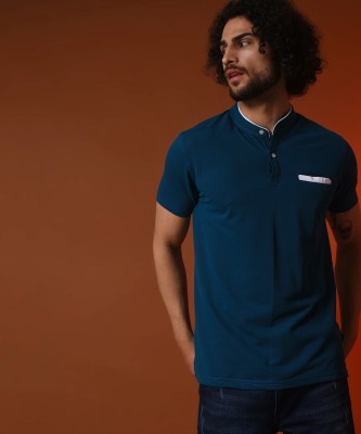 CAMPUS SUTRA Solid Men Mandarin Collar Blue T-Shirt