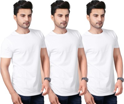 GREY BOX Solid Men Round Neck White T-Shirt(Pack of 3)
