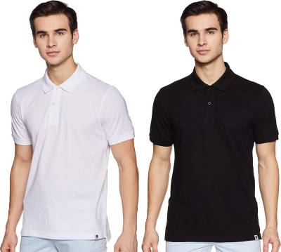 DOKCHAN Solid Men Polo Neck White, Black T-Shirt