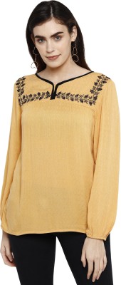 Muffle Ruffle Casual Embroidered Women Yellow Top