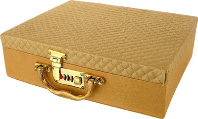 KUBER INDUSTRIES Wooden Check Design 3 Rod Bangle Box/Case With Mirror & Number Lock System(Gold) Make up, Jewellery Vanity Box(Gold)
