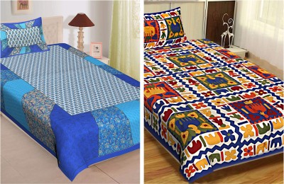 UNIQCHOICE 120 TC Cotton Single Jaipuri Prints Flat Bedsheet(Pack of 2, Multicolor)