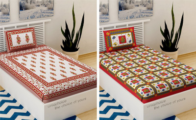 UNIQCHOICE 120 TC Cotton Single Jaipuri Prints Flat Bedsheet(Pack of 2, Multicolor)