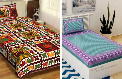 UNIQCHOICE 120 TC Cotton Single Jaipuri Prints Flat Bedsheet(Pack of 2, Multicolor)